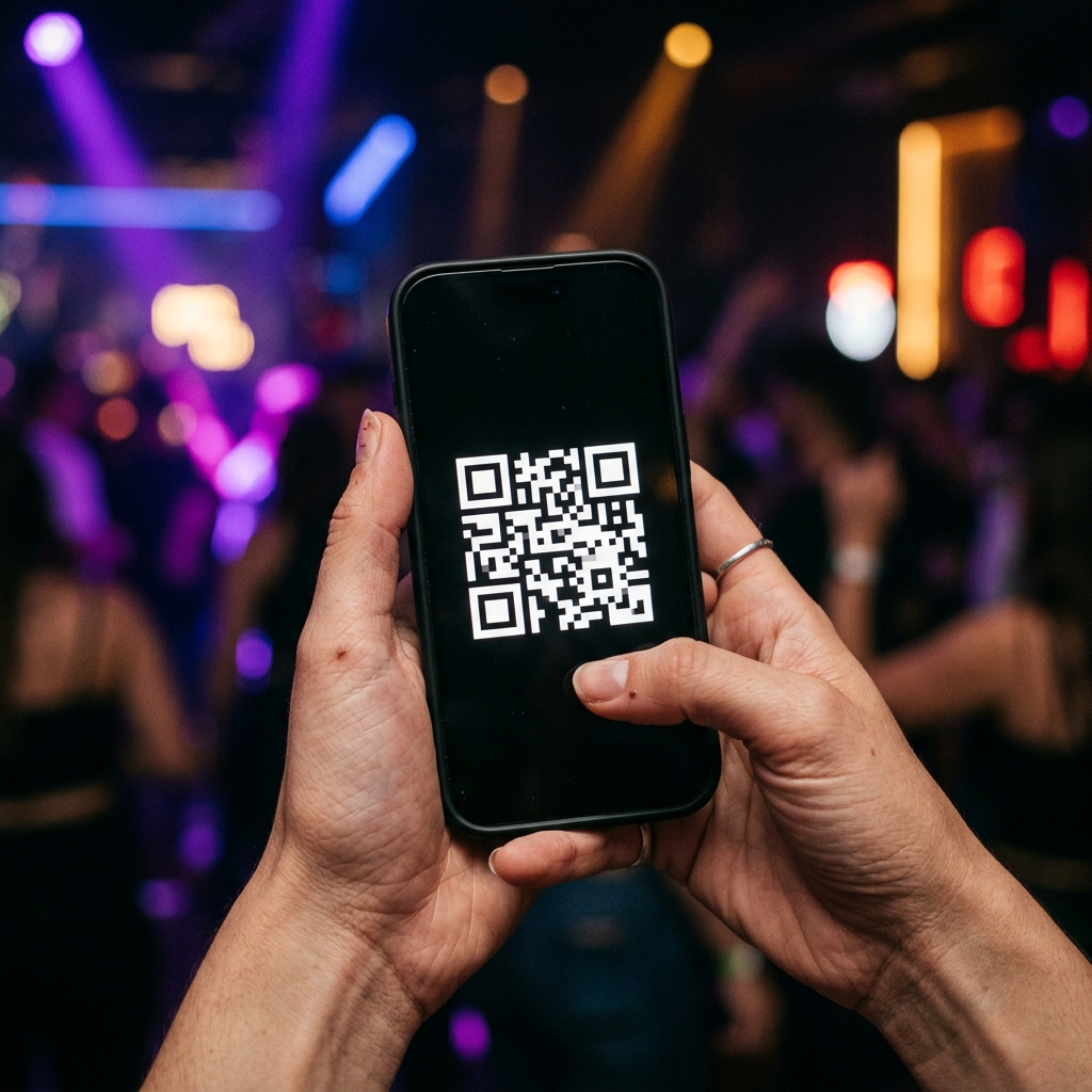 Staff scanning a guest QR pass at a cloakroom counter